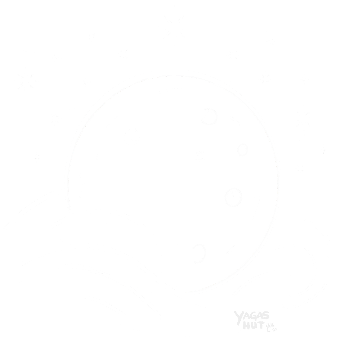 Line illustration of a moon with Alas bite marks.