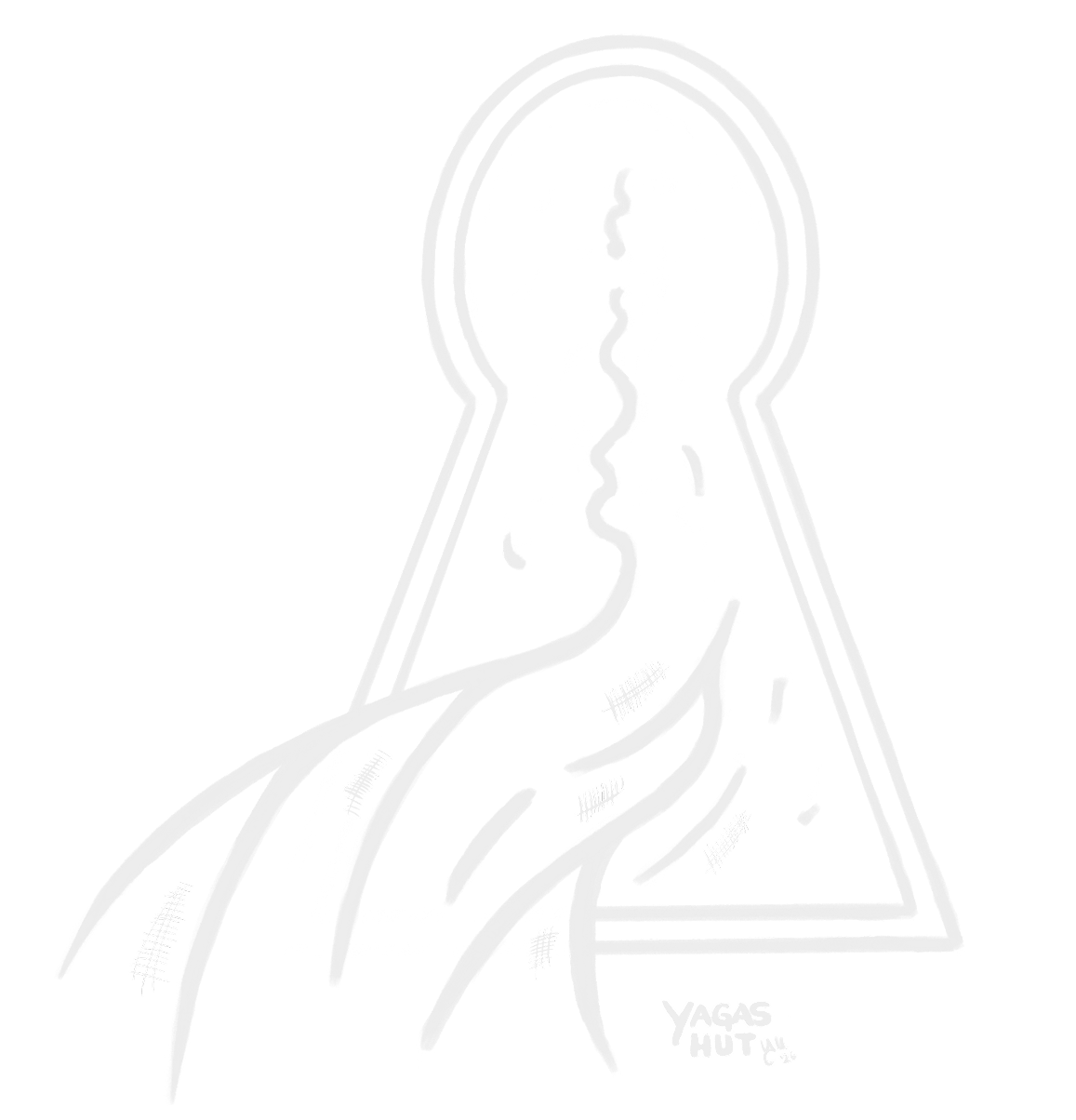 Line illustration of a keyhole– the narrow passage through which Kikimora slips into sleeping houses, her shadow thinner than smoke.