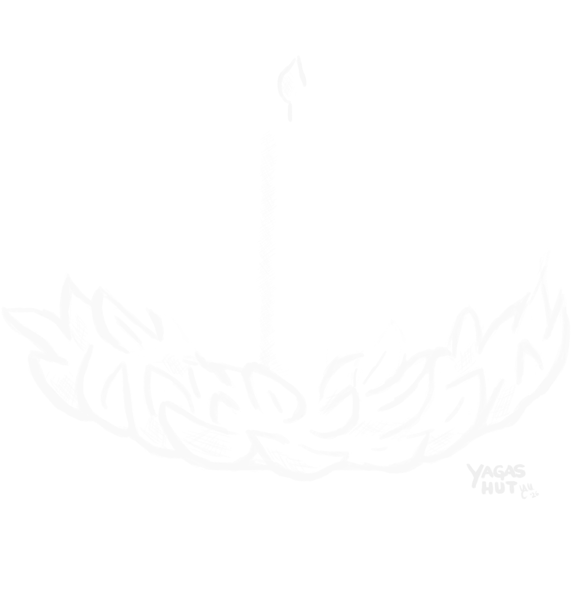 Line illustration of a flower wreath with a lit candle set afloat on a river &ndash; the traditional Kupala Night ritual performed by young women to divine their fortune in love