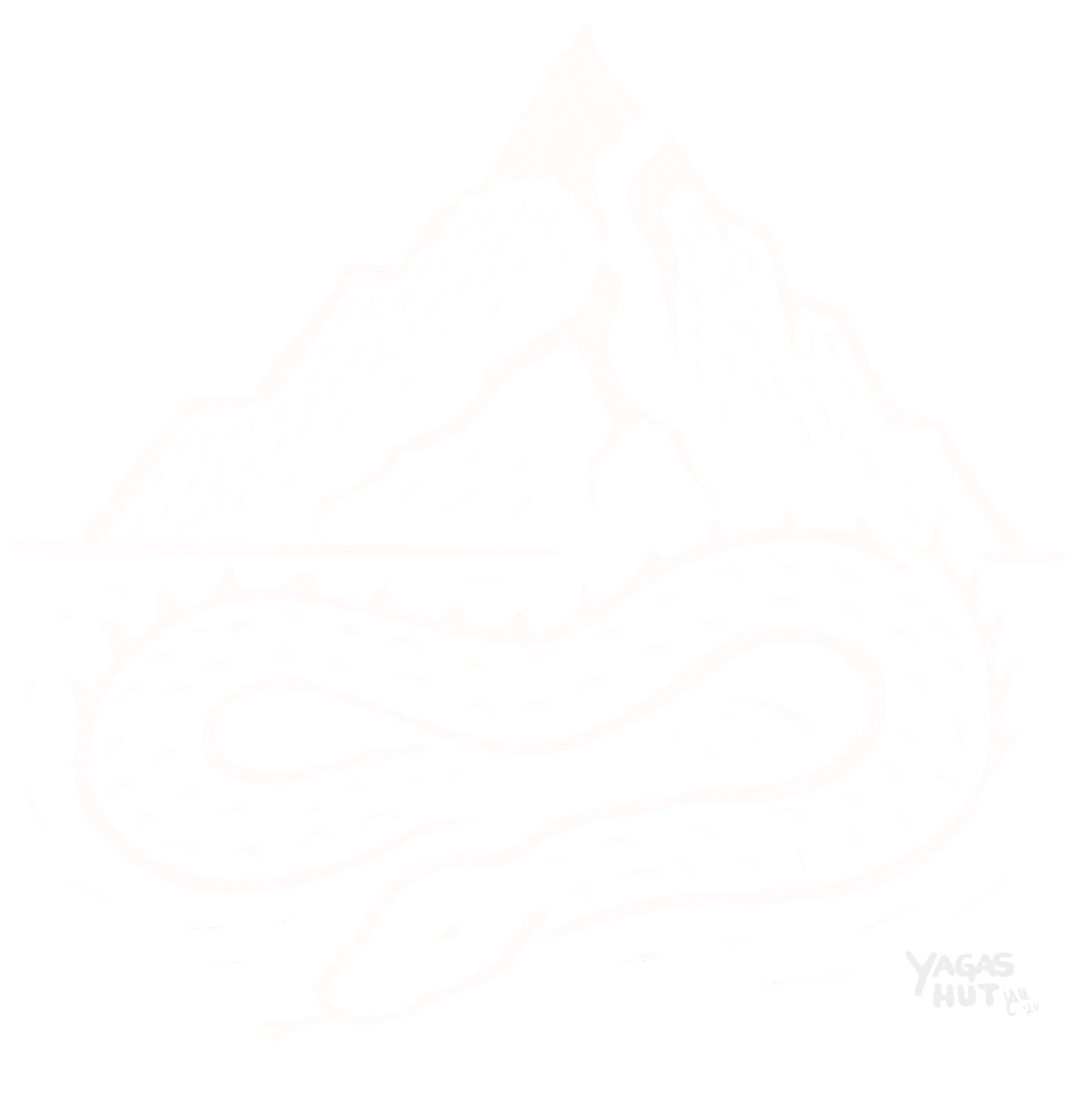 Line illustration of the Zmey, a Slavic dragon, sleeping deep within a mountain that has been split in two by Perun’s lightning bolt reaching down toward him in the darkness