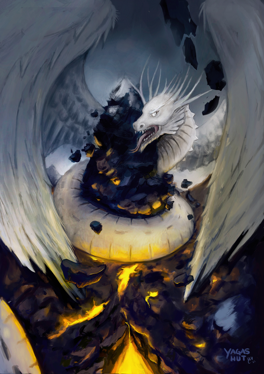 Zmey, a serpent-like dragon of Slavic folklore, coiled within a mountain as lava and stone fracture around him.