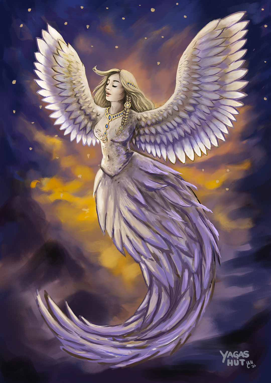 Alkonost, a mythical bird-woman from Slavic folklore, singing and flying in the night sky on the boarder of our world and paradise.