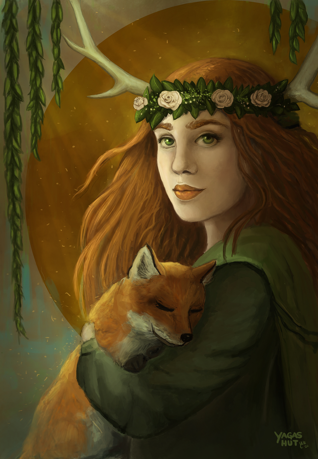 Devana, Slavic goddess of the wild and hunt, depicted as a red-haired woman with antlers and a flower crown, holding a fox in a forest setting with warm golden light.