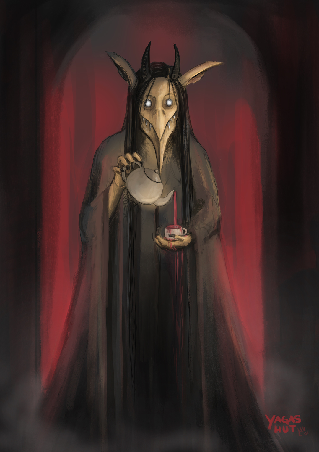 Kikimora, a dark Slavic folklore spirit depicted as a horned figure with an elongated beak-like face, pouring tea from a cup in a shadowy red-lit interior.