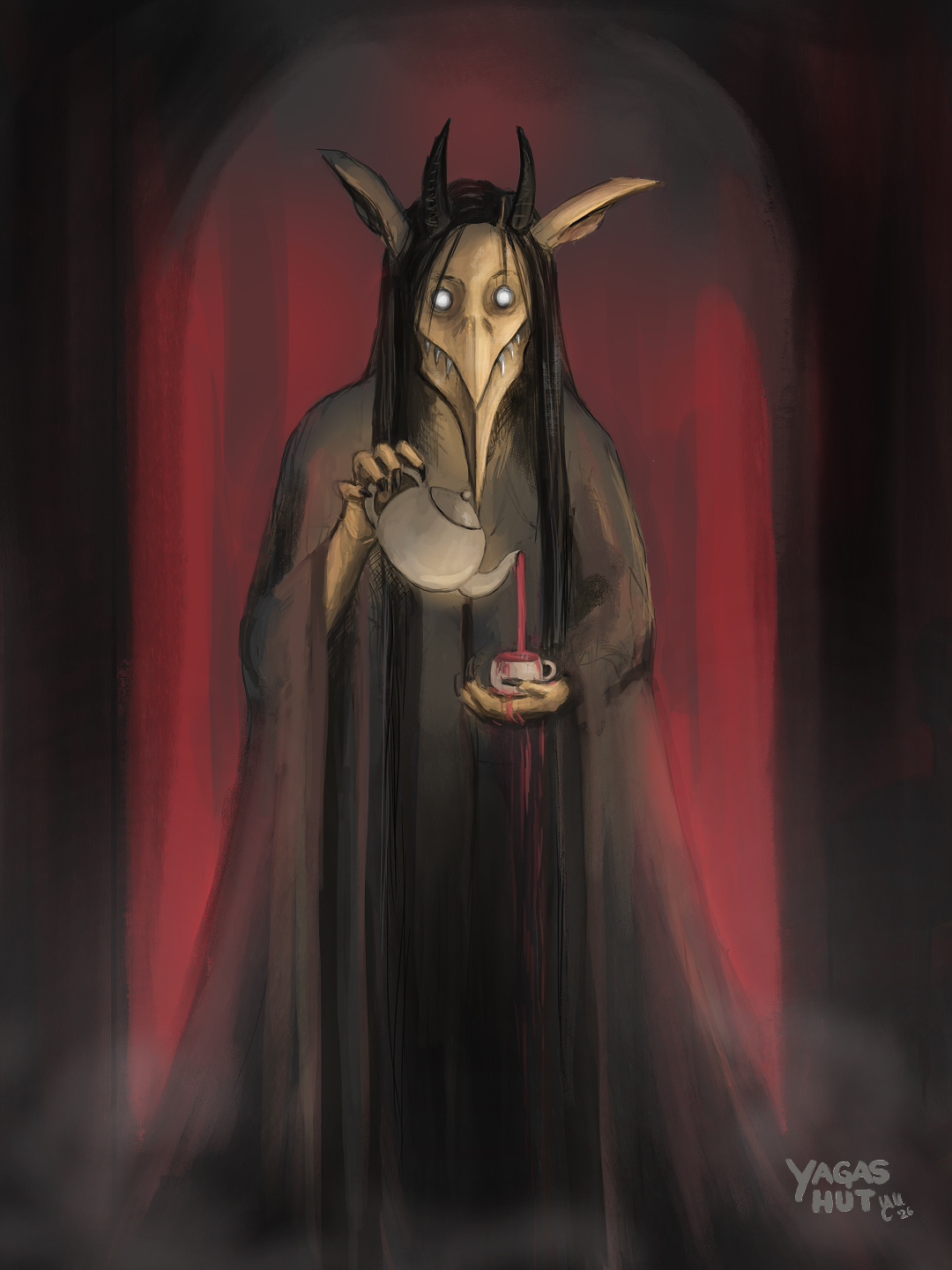 Kikimora, a dark Slavic folklore spirit depicted as a horned figure with an elongated beak-like face, pouring tea from a cup in a shadowy red-lit interior.