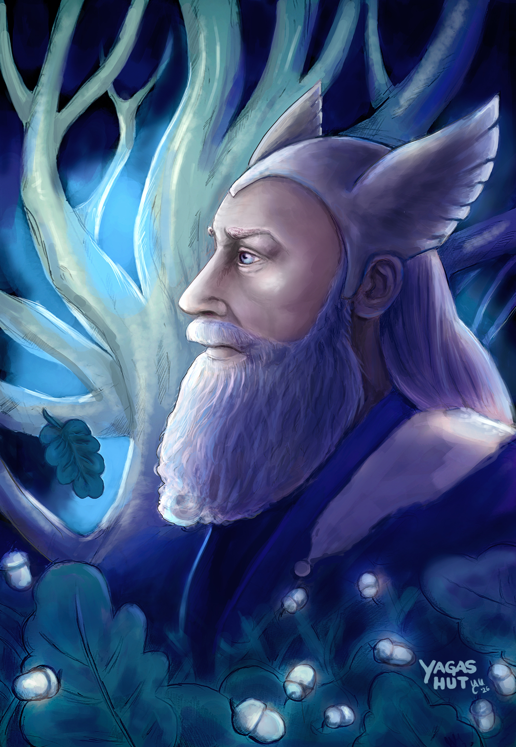 Perun, Slavic god of thunder, depicted as an old bearded man with a winged cap, surrounded by a stormy forest atmosphere - illustration by Jelena Matejic (Yaga’s Hut).
