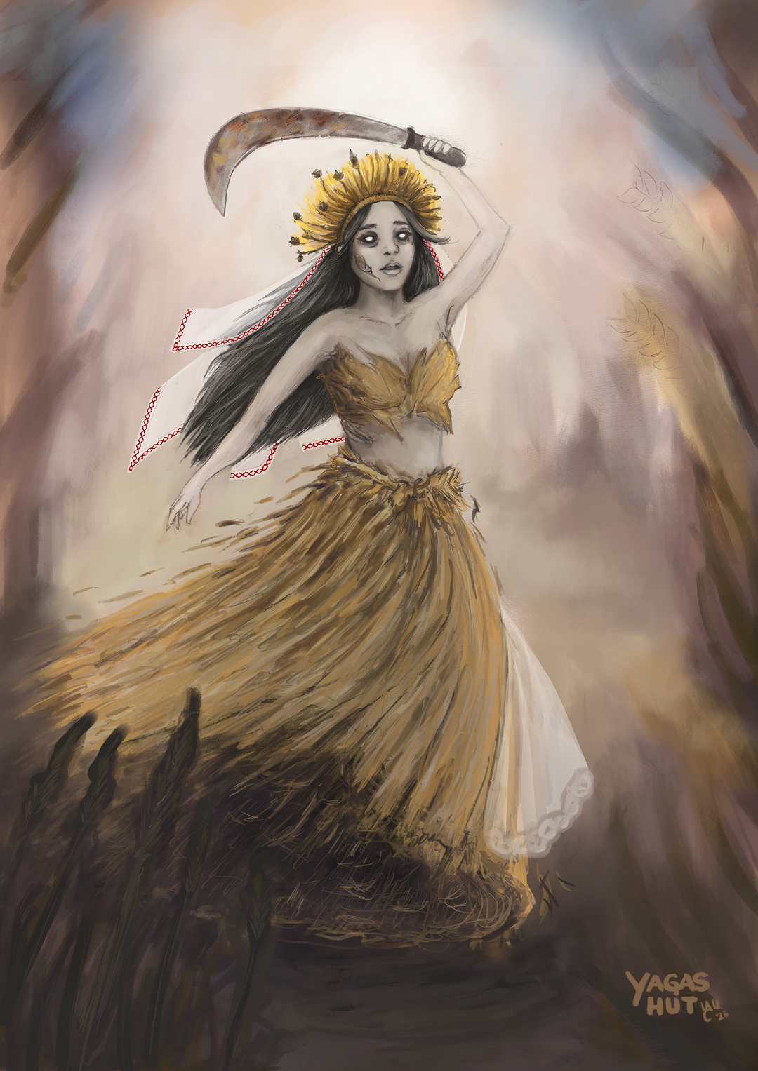 Poludnica, a Slavic field spirit, dancing through a sunlit wheat field with a sickle, her dress flowing in the heat.