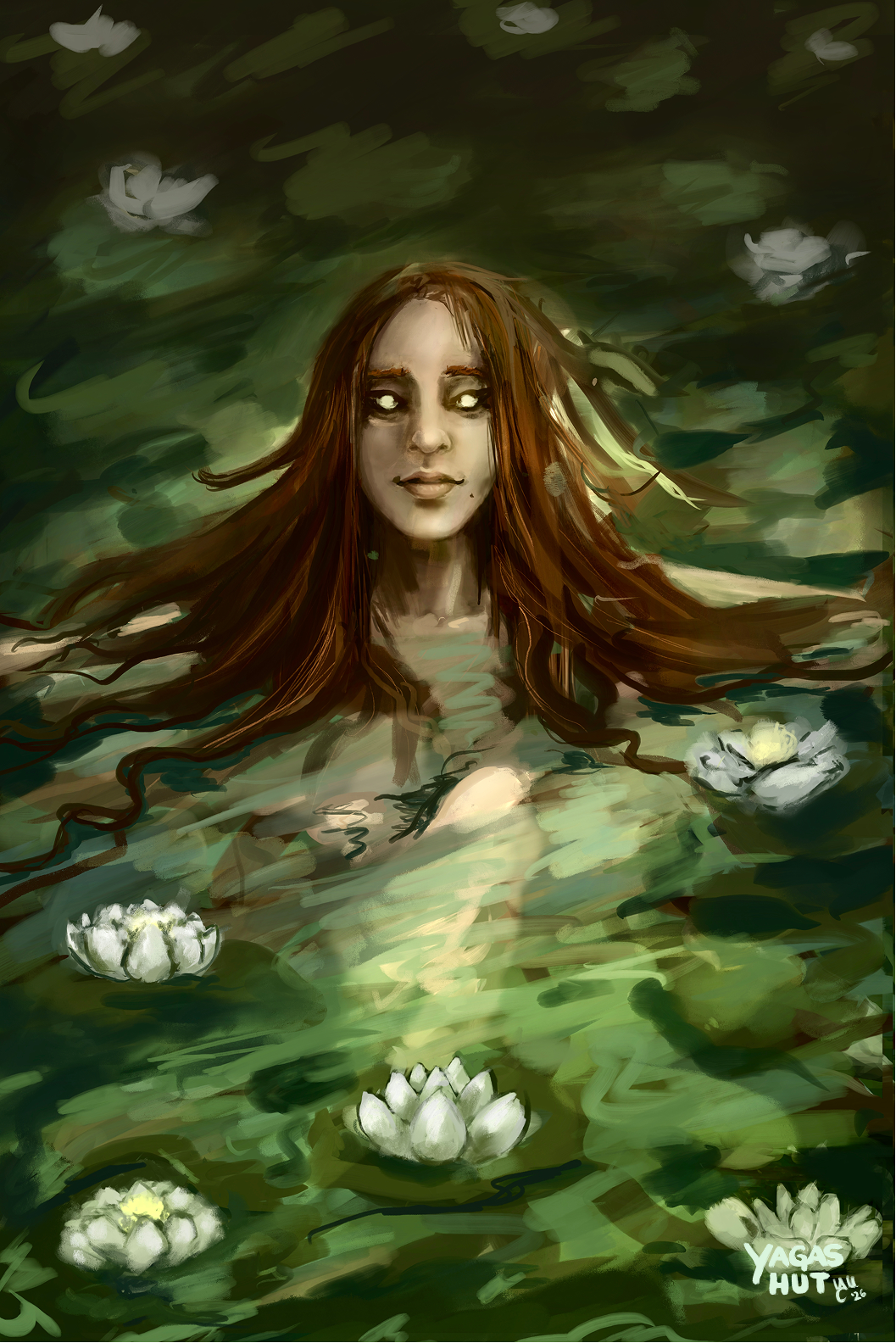 Rusalka, a Slavic water spirit, emerging from green water with long flowing hair and glowing eyes, surrounded by floating white flowers.