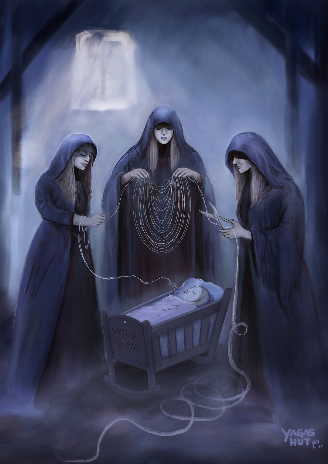The Suđenice, Slavic fate spirits, standing around a newborn child and weaving threads of destiny in a dimly lit room.