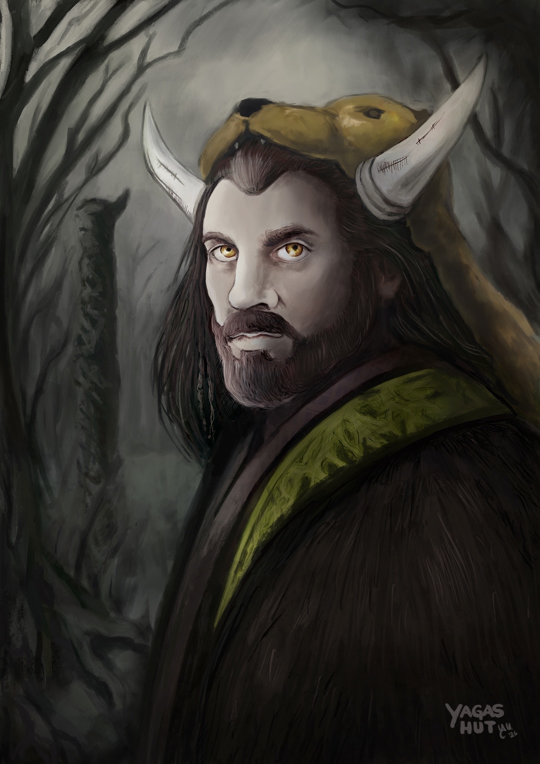 Veles, Slavic god of the underworld, magic, and nature, depicted as a horned man wearing a bear headdress, surrounded by ravens and forest symbols.