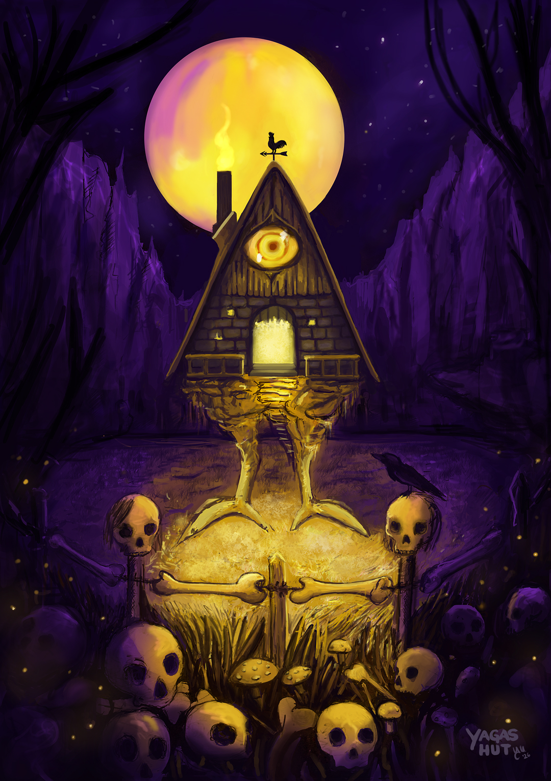 Baba Yaga’s hut, a magical house on chicken legs from Slavic folklore, standing in a dark forest surrounded by skulls under a glowing moon.