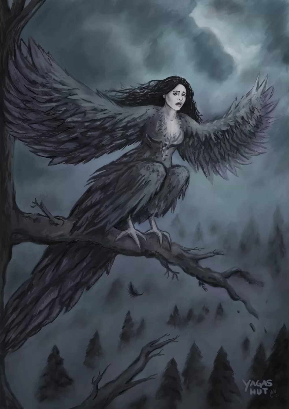 Sirin, the sorrowful bird-woman of Slavic mythology, perched on a tree branch above a misty forest beneath a stormy sky.