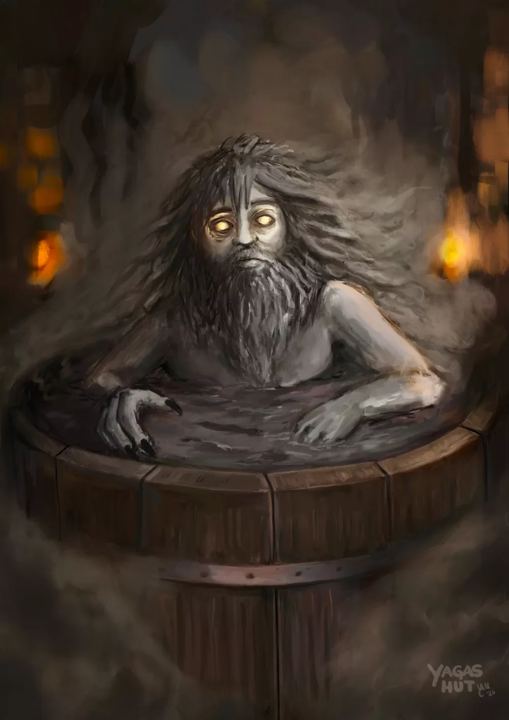 Bannik, the bathhouse spirit of Slavic folklore, emerging from a steaming wooden tub filled with hot water.