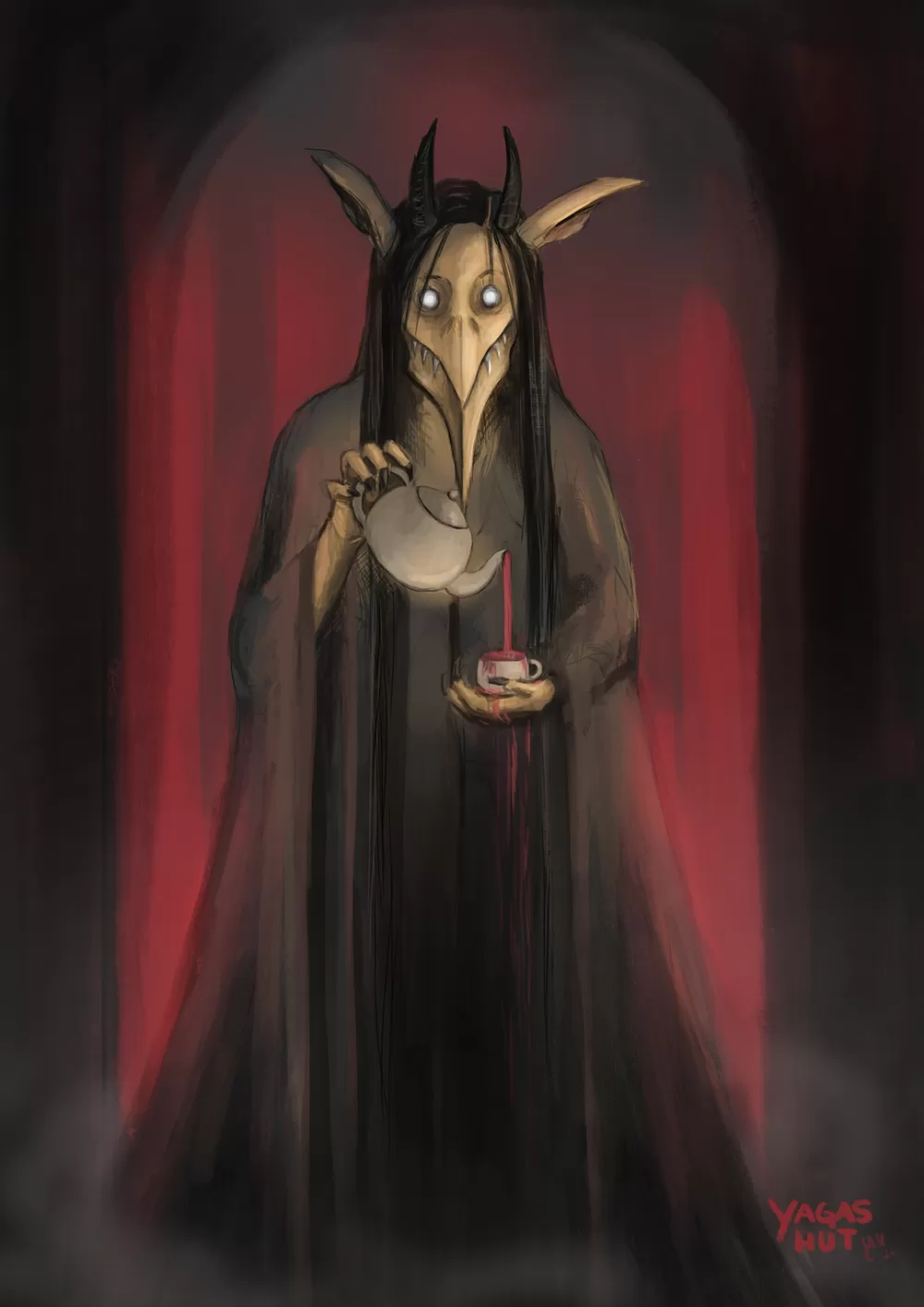 Kikimora, a dark Slavic folklore spirit depicted as a horned figure with an elongated beak-like face, pouring tea from a cup in a shadowy red-lit interior.