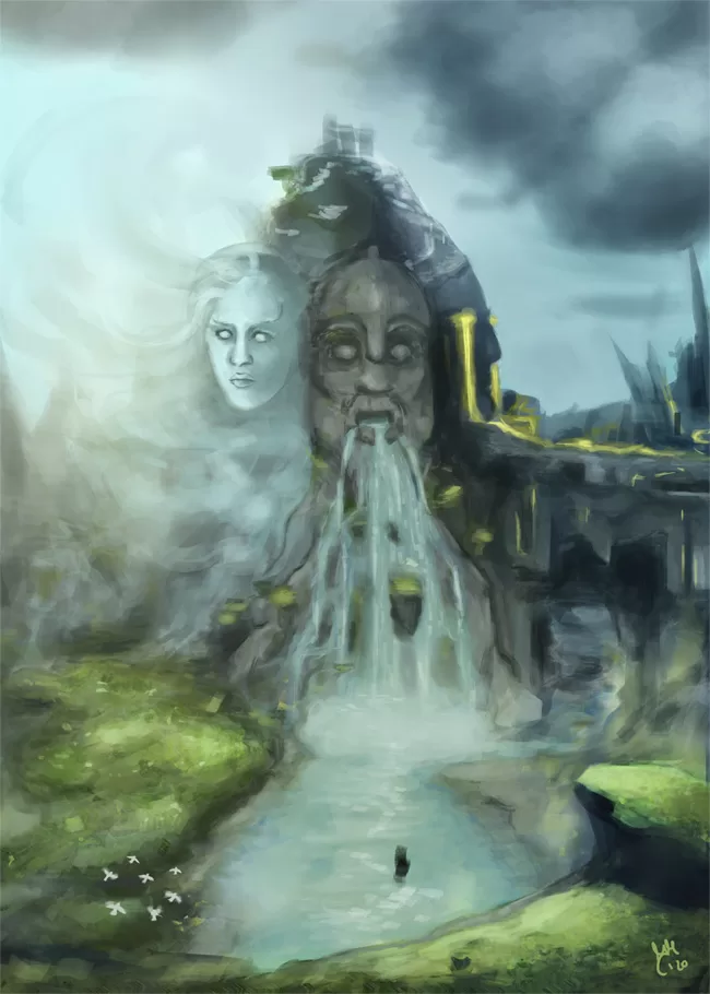 Triglav, a Slavic god of three realms, depicted as three figures: one face in the clouds, one carved in stone, and one with lava flowing from its eyes.